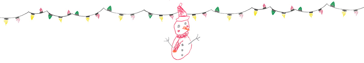 Colorful Christmas lights and hand drawn snowman