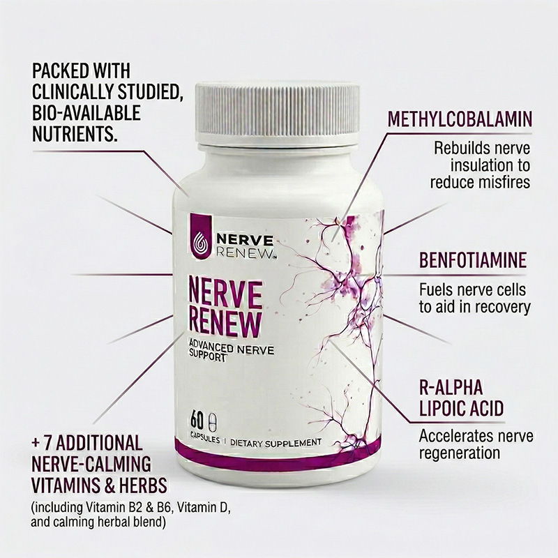Bottle of Nerve Renew supplement with ingredient highlights.