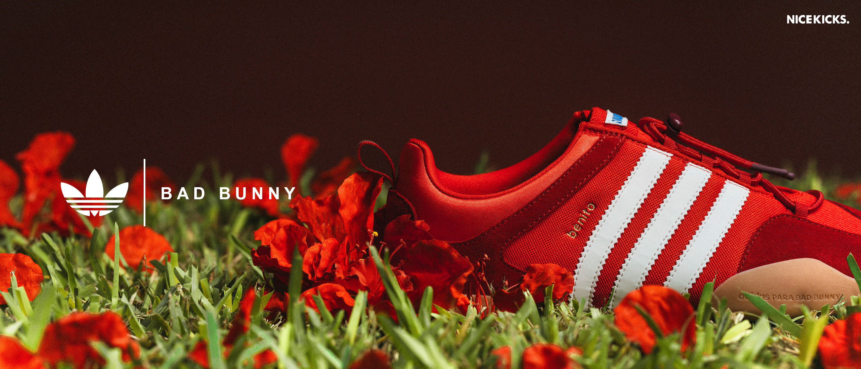 Red Adidas shoe surrounded by flowers on a grassy background.