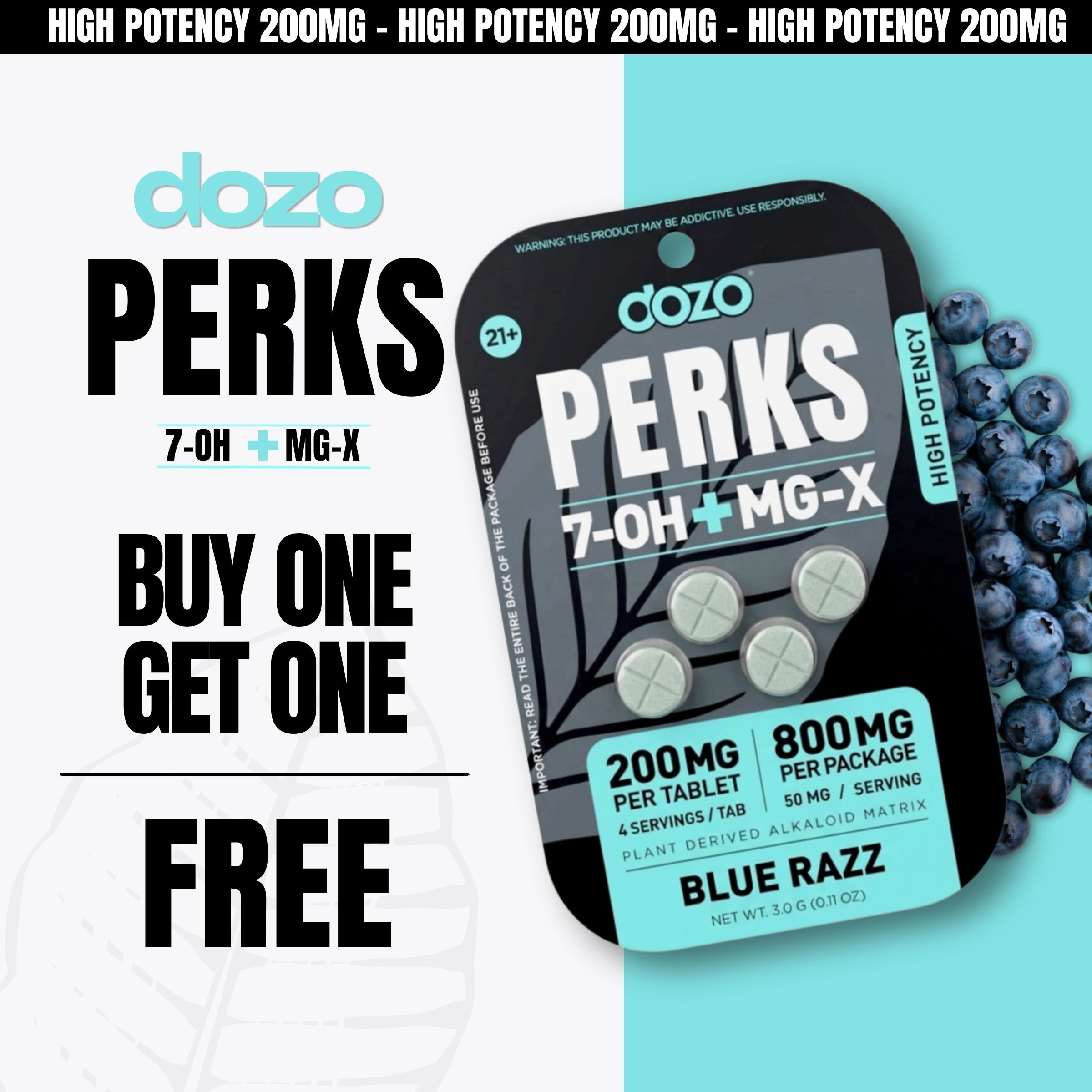Packaging for Dozo Perks, offering a buy one get one free promotion.