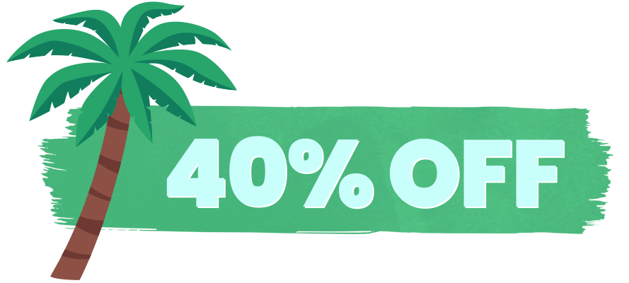50% off banner next to a palm tree illustration.
