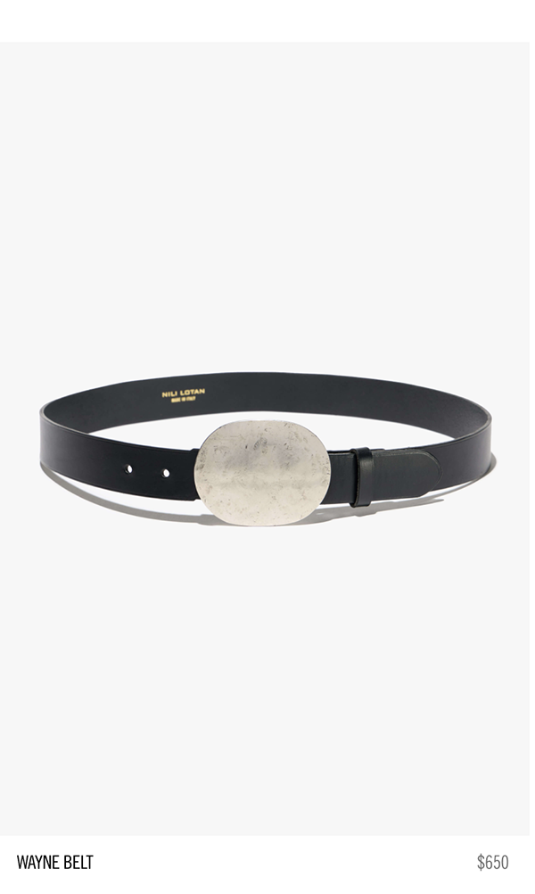 Black belt with a large silver oval buckle.