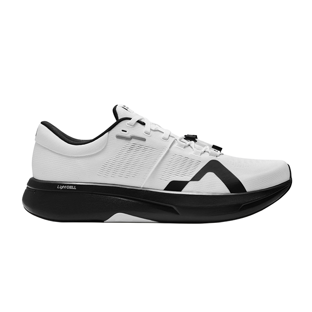 White athletic shoe with black accents and modern design.