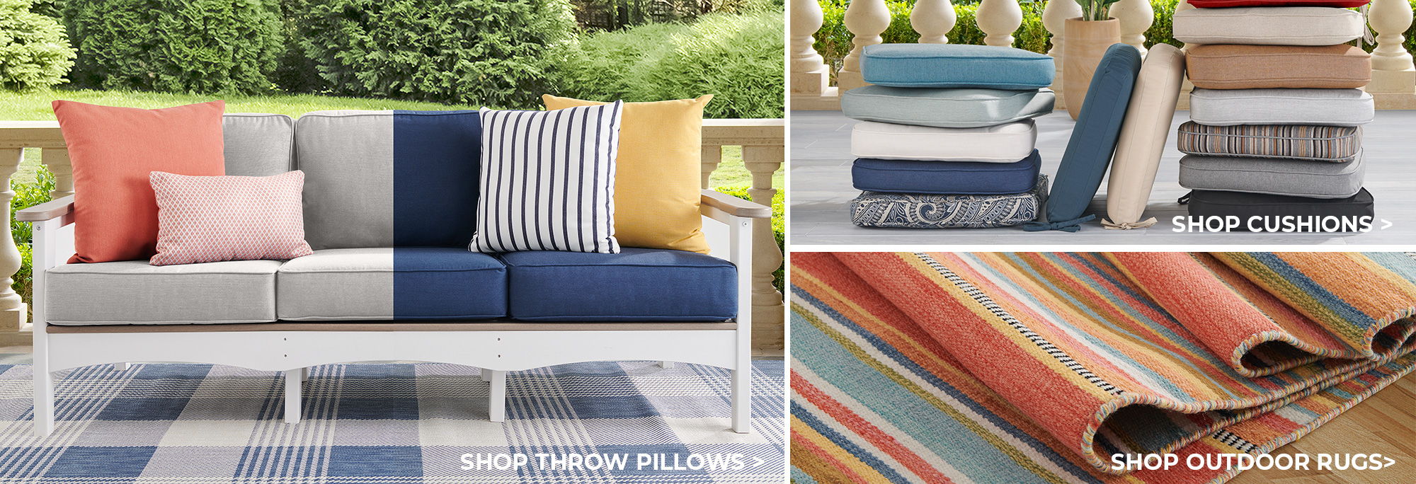 Outdoor sofa with cushions and colorful fabric samples displayed.