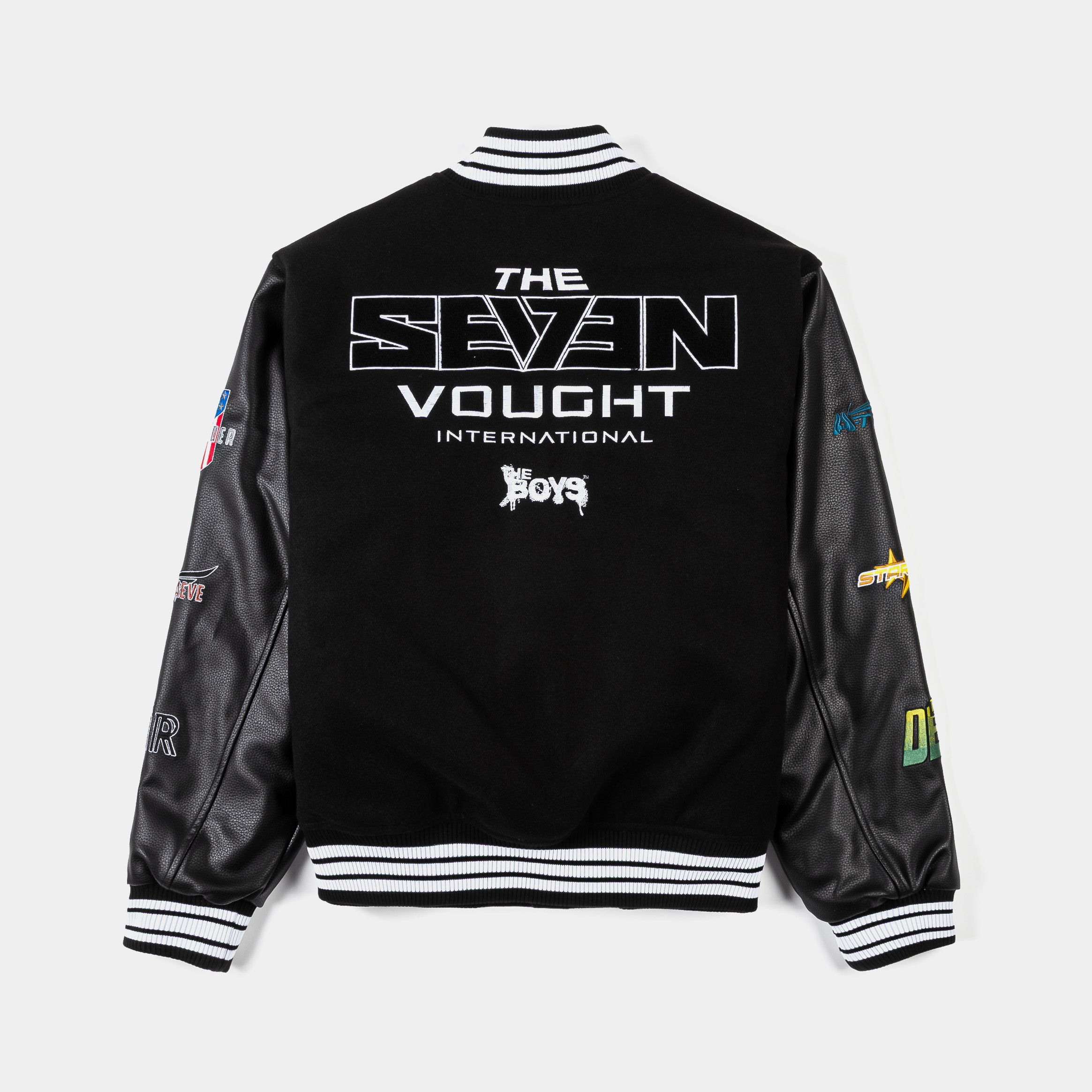 Black varsity jacket with embroidered logos and striped cuffs.