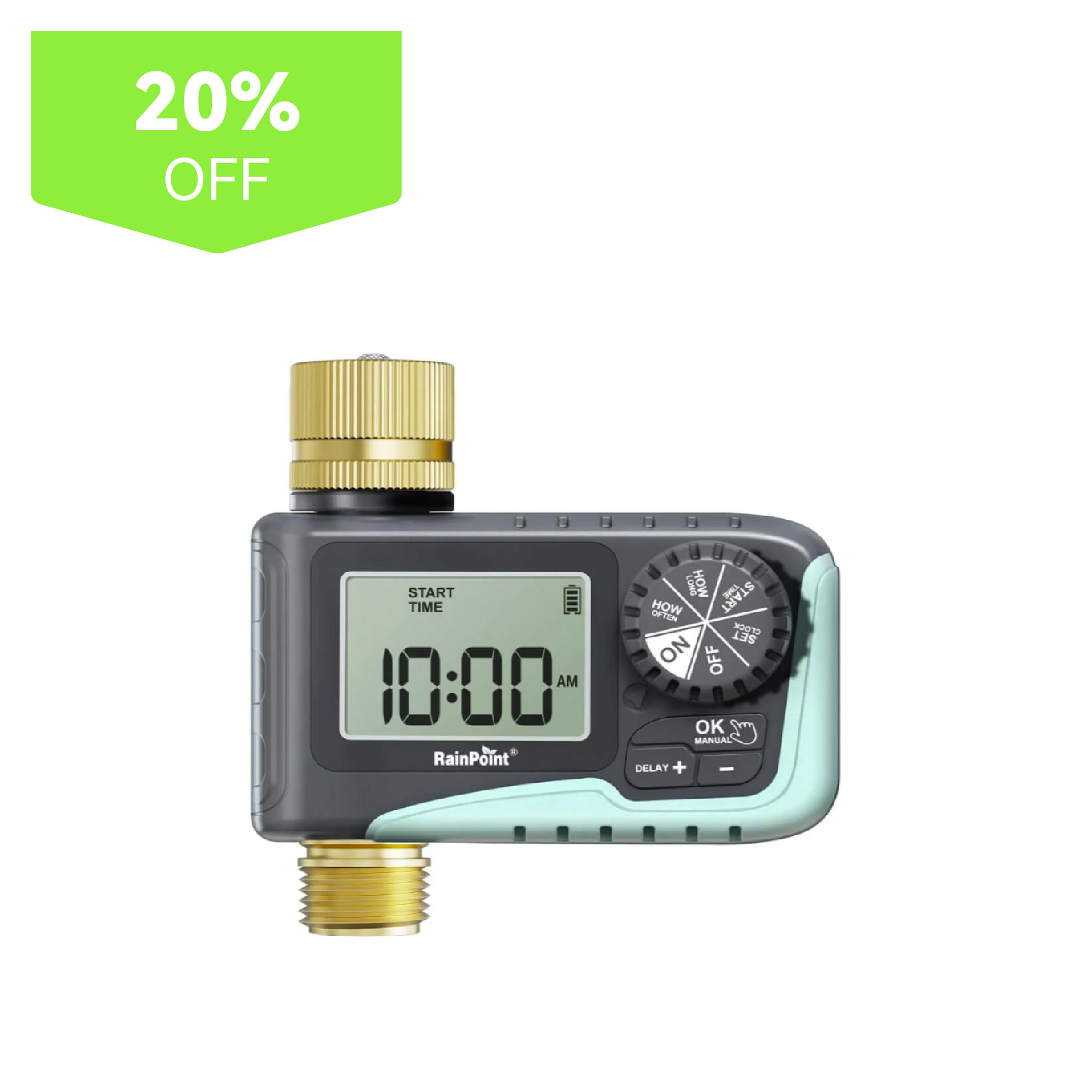 Digital water timer with hose connector and 20% off label.