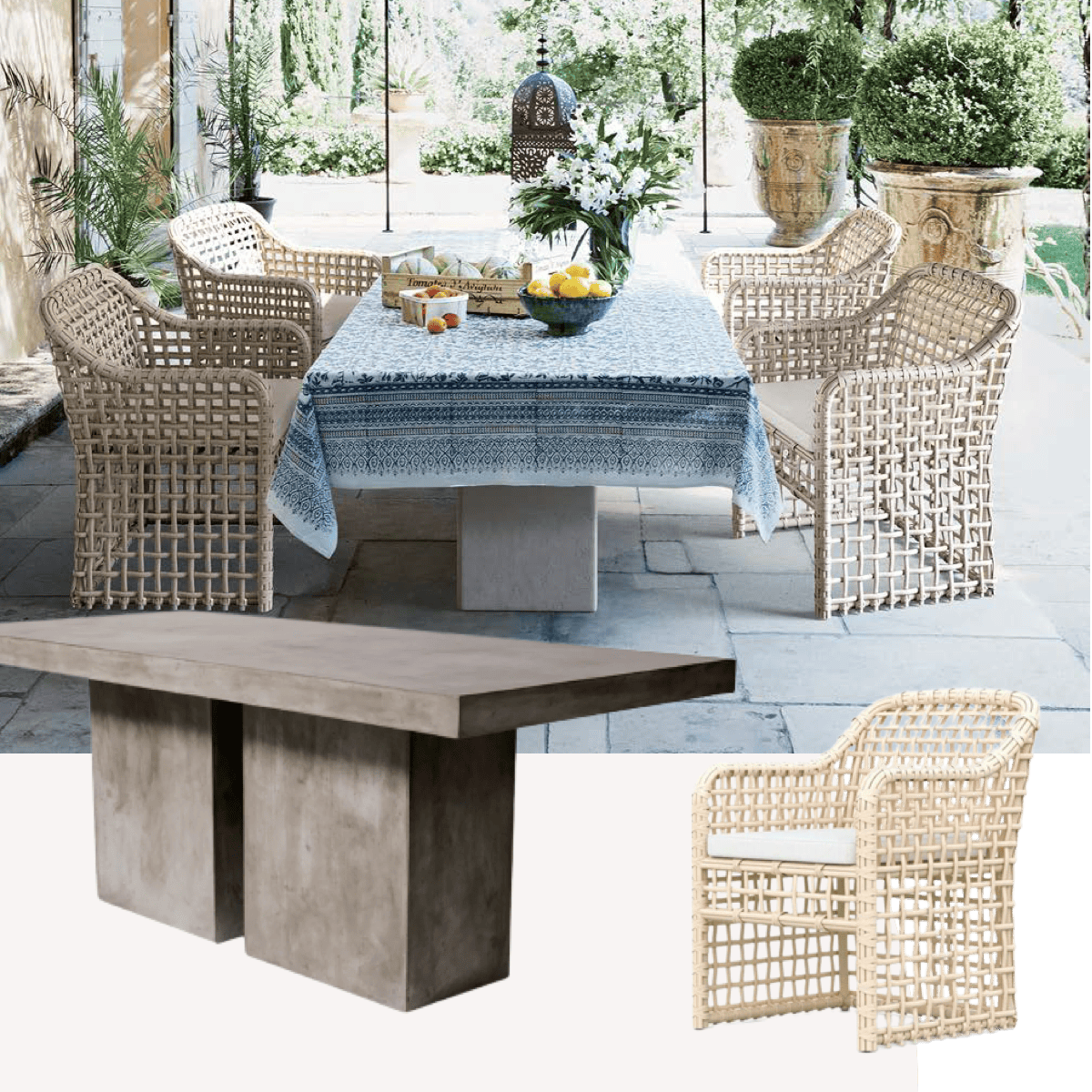 Outdoor dining setup with woven dining chairs and a concrete pedestal table, shown with a styled patio scene to illustrate woven and stone materials paired together.