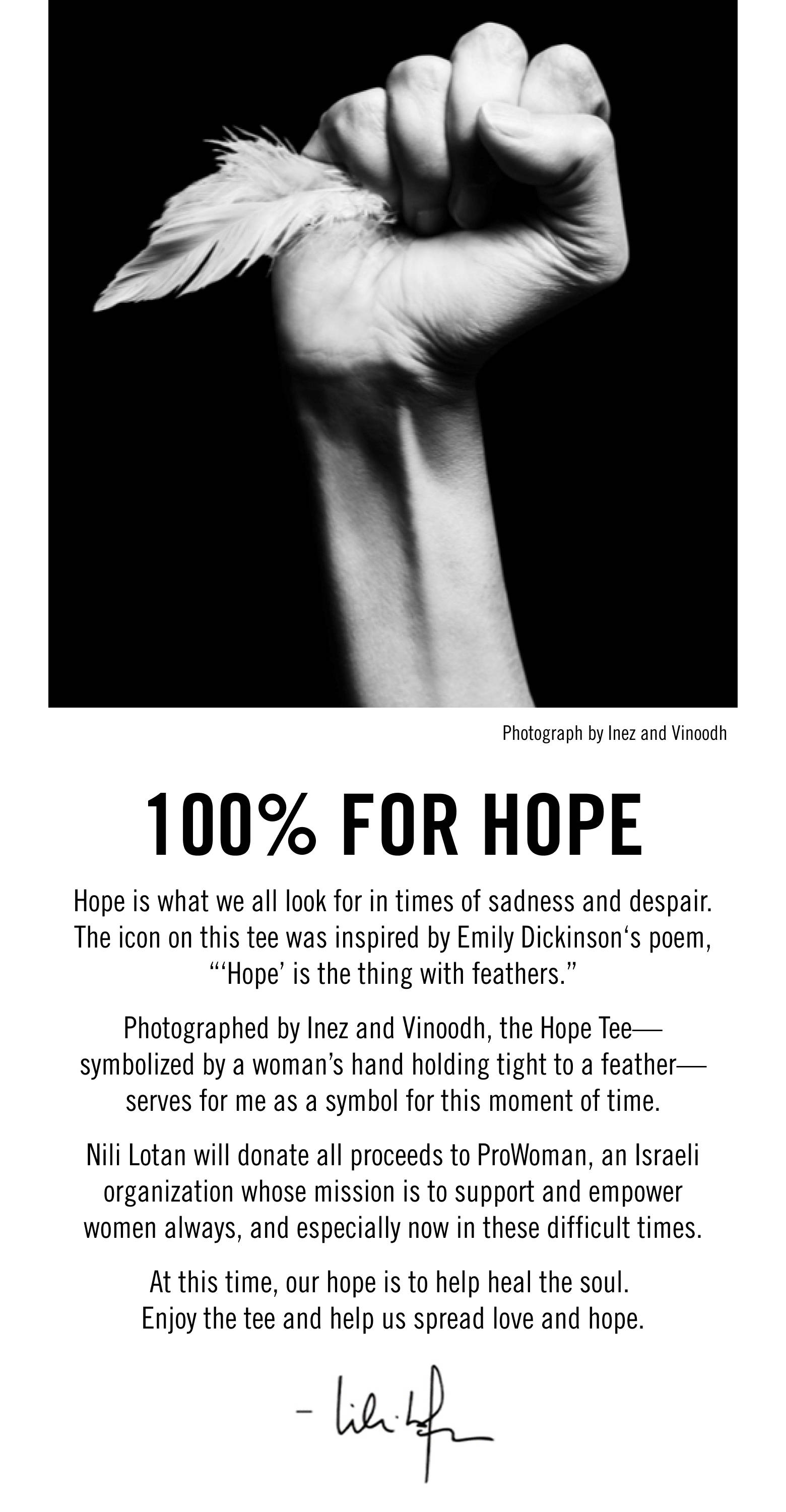 A black and white photo of a hand holding a feather with a description of what hope means.