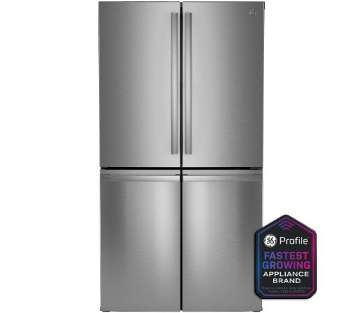 Stainless steel refrigerator with four doors and an energy efficiency badge.