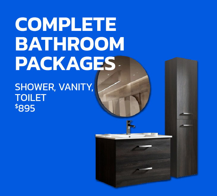 Complete bathroom packages with shower, vanity, and toilet for $895.
