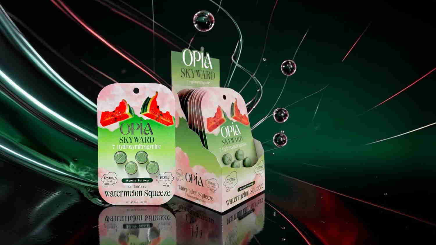 Two packages of a green product with red accents on a dark background.