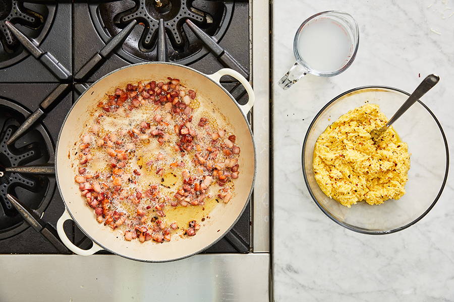 Pancetta cooking in pan