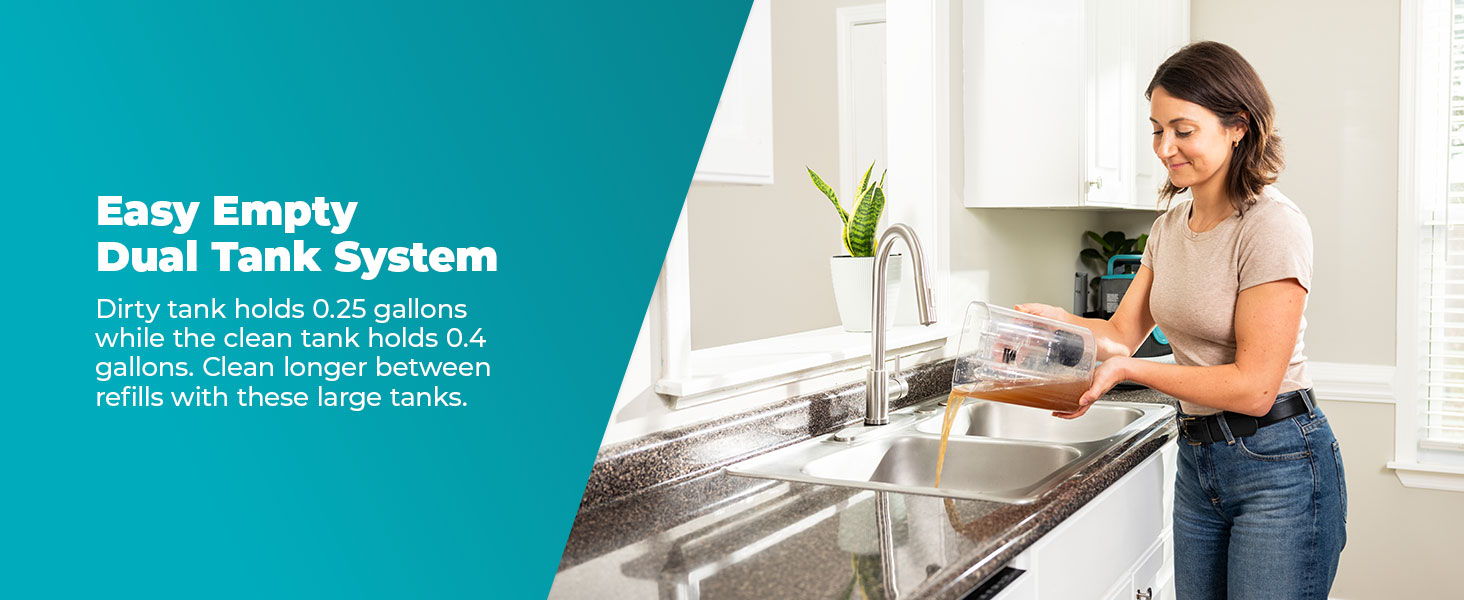 Woman using a dual tank system at a kitchen sink.