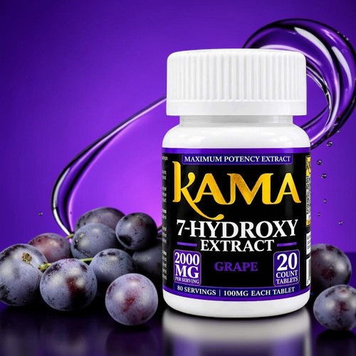 Bottle of 7-Hydroxy Extract with grapes on a purple background.