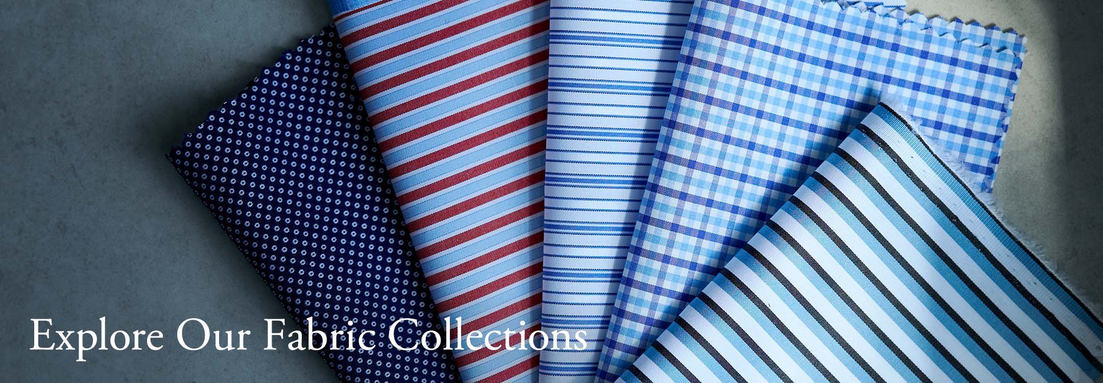 Five fabric swatches in various patterns and colors.