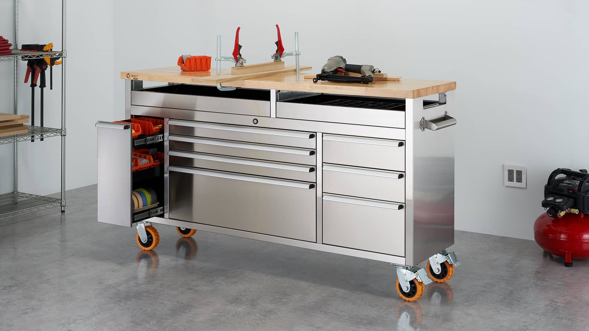 stainless steel workbench in the middle of the room, garage workbench