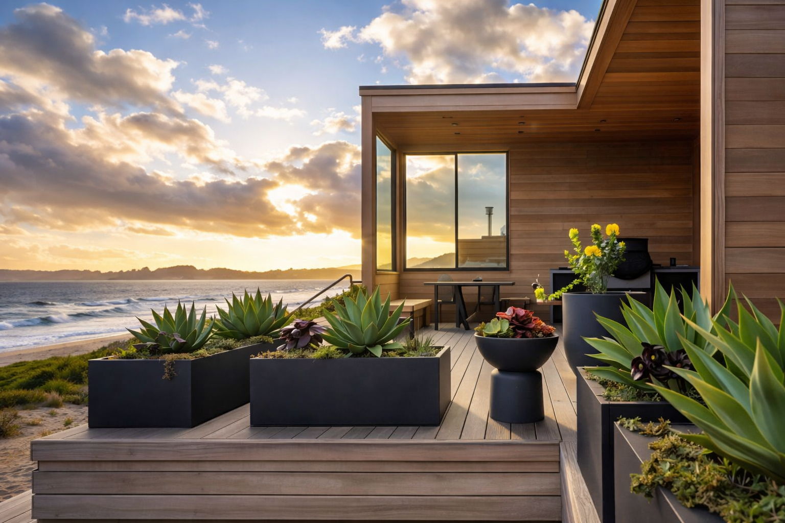 Outdoor home decor, such as planters and window boxes, outside a house