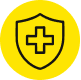 Yellow circle with a shield and a medical cross symbol.