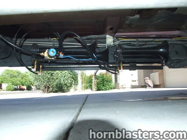 Installed Shocker XL train horns system close-up on Scott's Ram photo 6