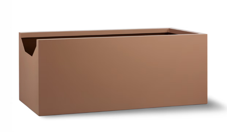 Brown rectangular box with an open top and side cutout.