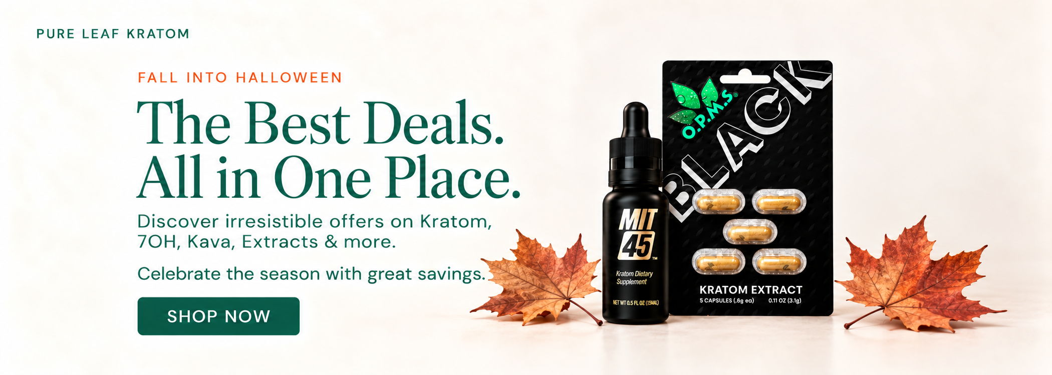 Promotional image featuring products and autumn leaves with text about deals.