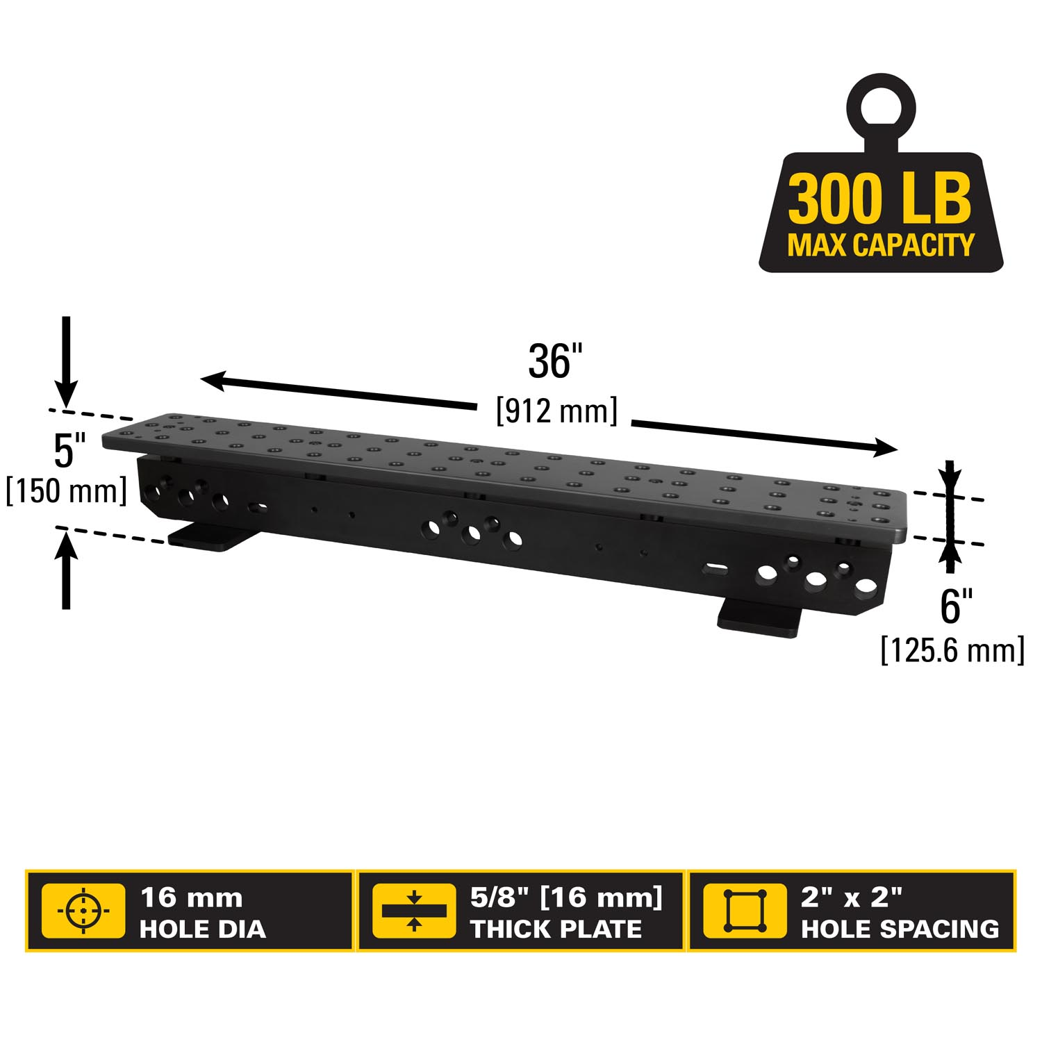 Black metal support beam with measurements and weight capacity details.