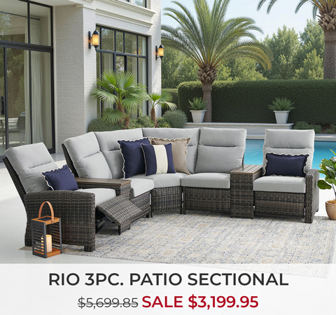 Rio 3-piece patio sectional with cushions, on sale.