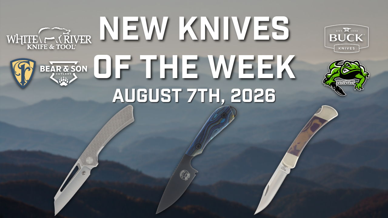 New knives of the week, August 7th, 2026, with knife images and logos.