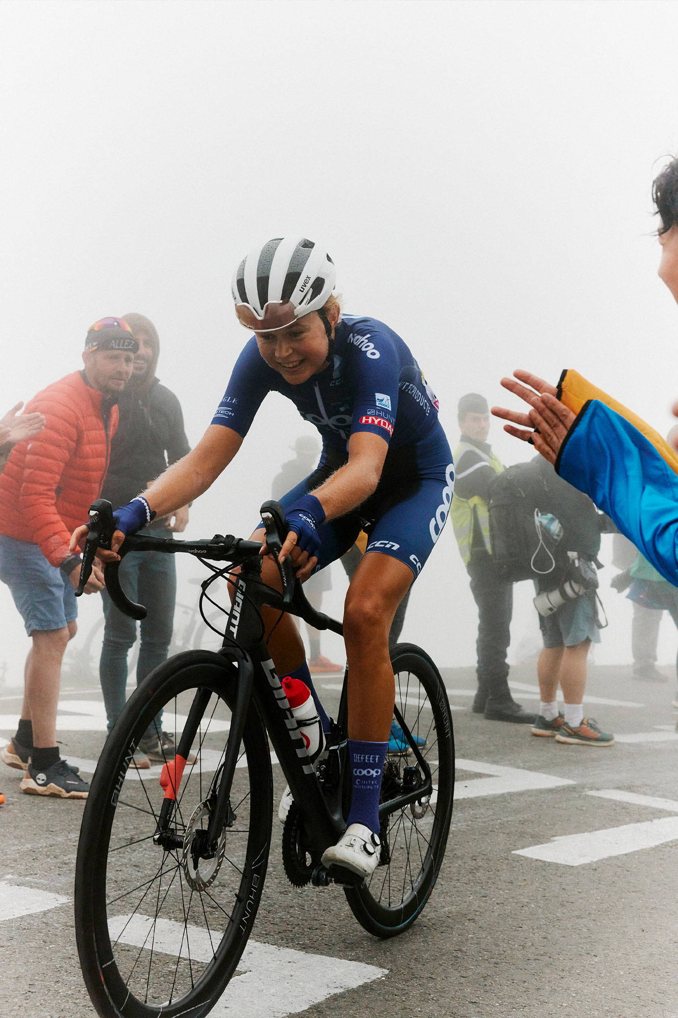 Sigrid riding up the Tourmalet in the fog