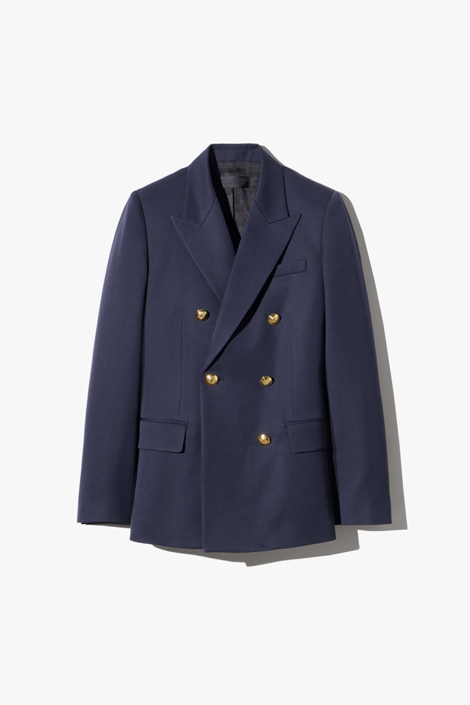 Navy double-breasted blazer with gold buttons and pockets.