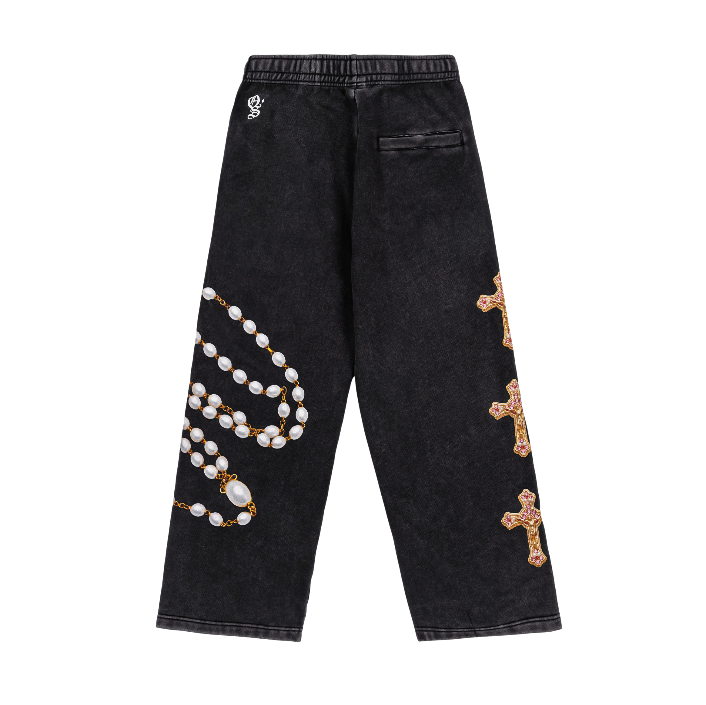 Black pants with decorative crosses and beads design.