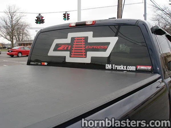 Close-up of the rear window Z71 Express decal on Jerry's 2006 Chevrolet Silverado 1500 Extended Cab, install photo 3