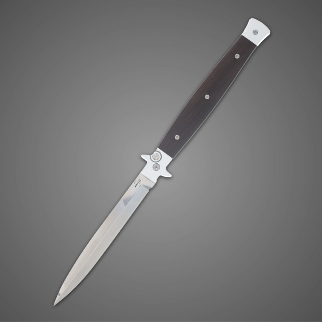 A sleek, stainless steel knife with a dark wooden handle.