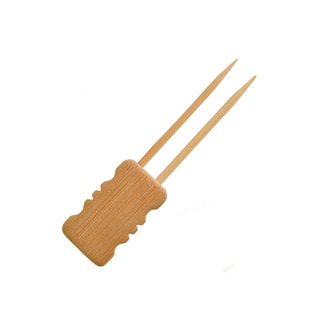 A bamboo skewer with a shaped block on the end and dual prongs