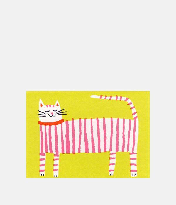A card with an illustration of a smiley, pink and white striped cat.