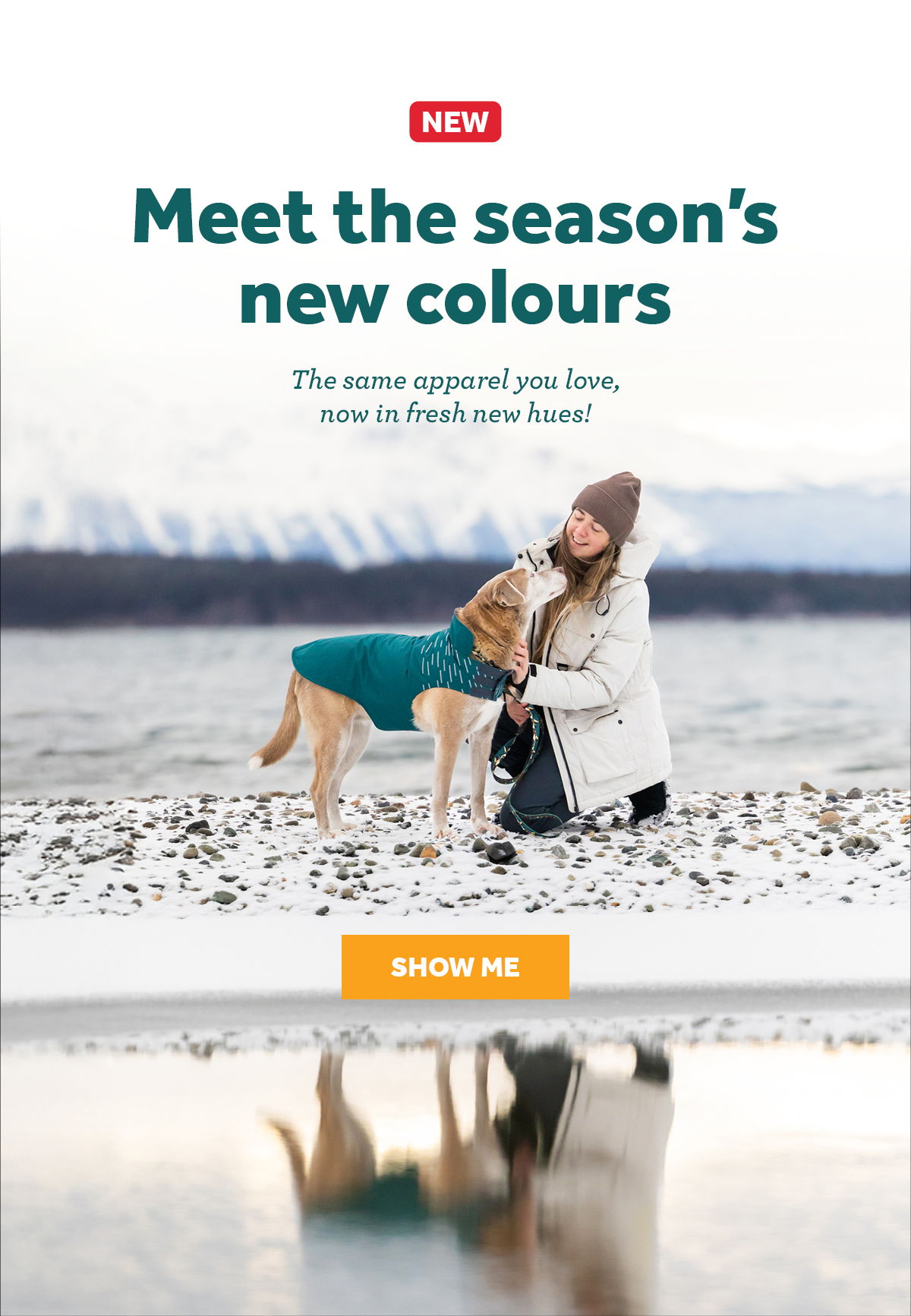 A woman and a dog on a beach promoting new apparel colors.