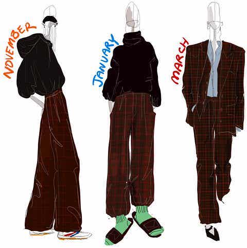Fashion illustrations for November, January, and March outfits.
