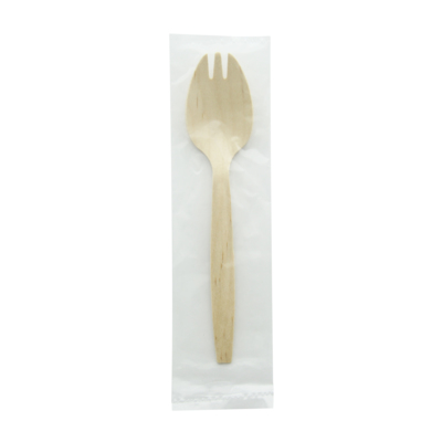 A wooden spork in a plastic sleeve