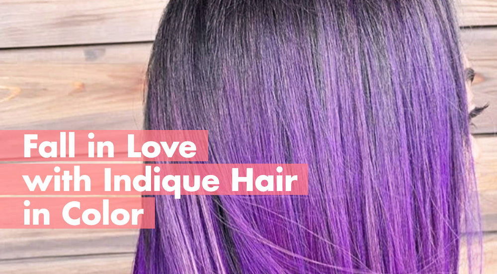 Text overlay on a hair image promoting Indique Hair in Color.