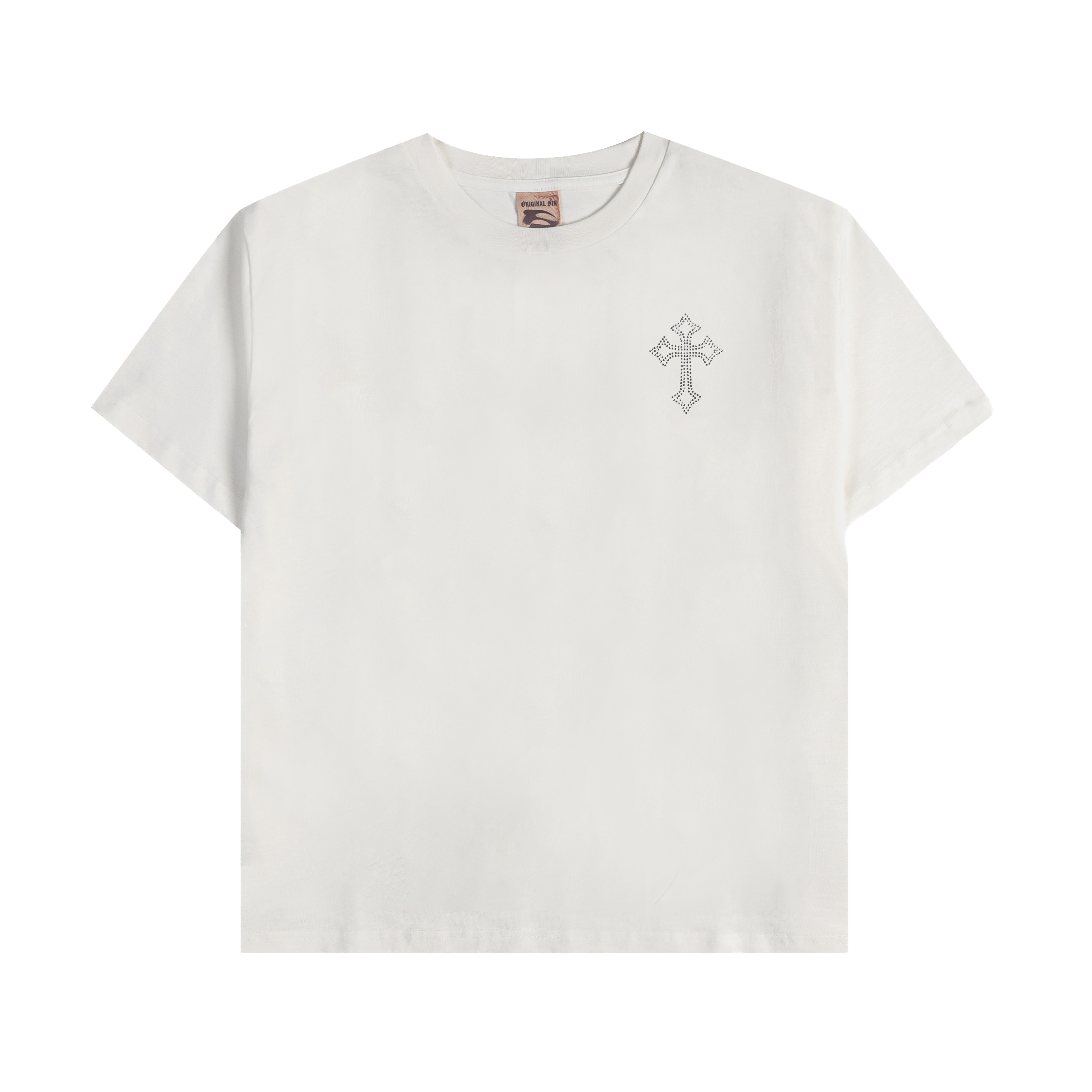 White t-shirt with a small graphic design on the front.