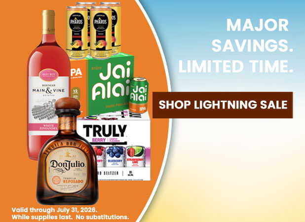 Promotional image featuring various beverages and a sale announcement.