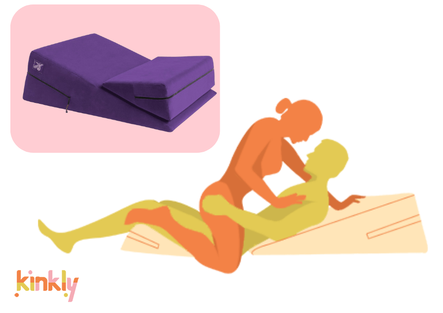 Liberator Wedge/Ramp Combo photo shown next to an illustrated Rhombus position image. The penetrating partner is laying on their back with their upper back supported by the Ramp and a Wedge tucked under their knees to raise their legs. The receiving partner is straddling their hips in a Cowgirl position.
