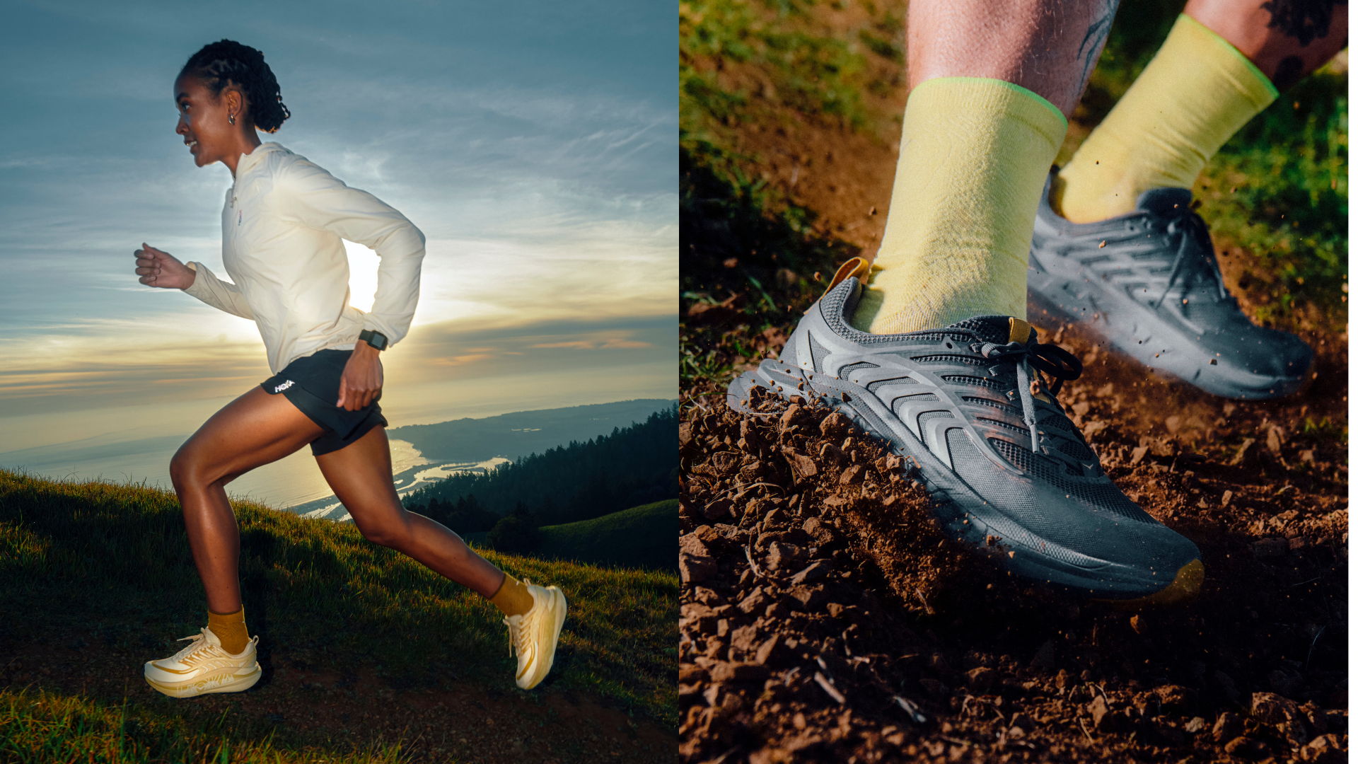 Person running outdoors, close-up of shoes and socks on a trail.