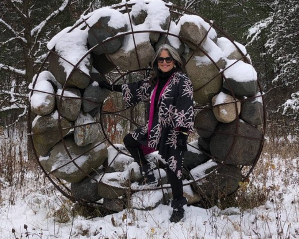 Connee Mayeron Cowles weating black white and pink reversible silk jacket by Ala von Auersperg