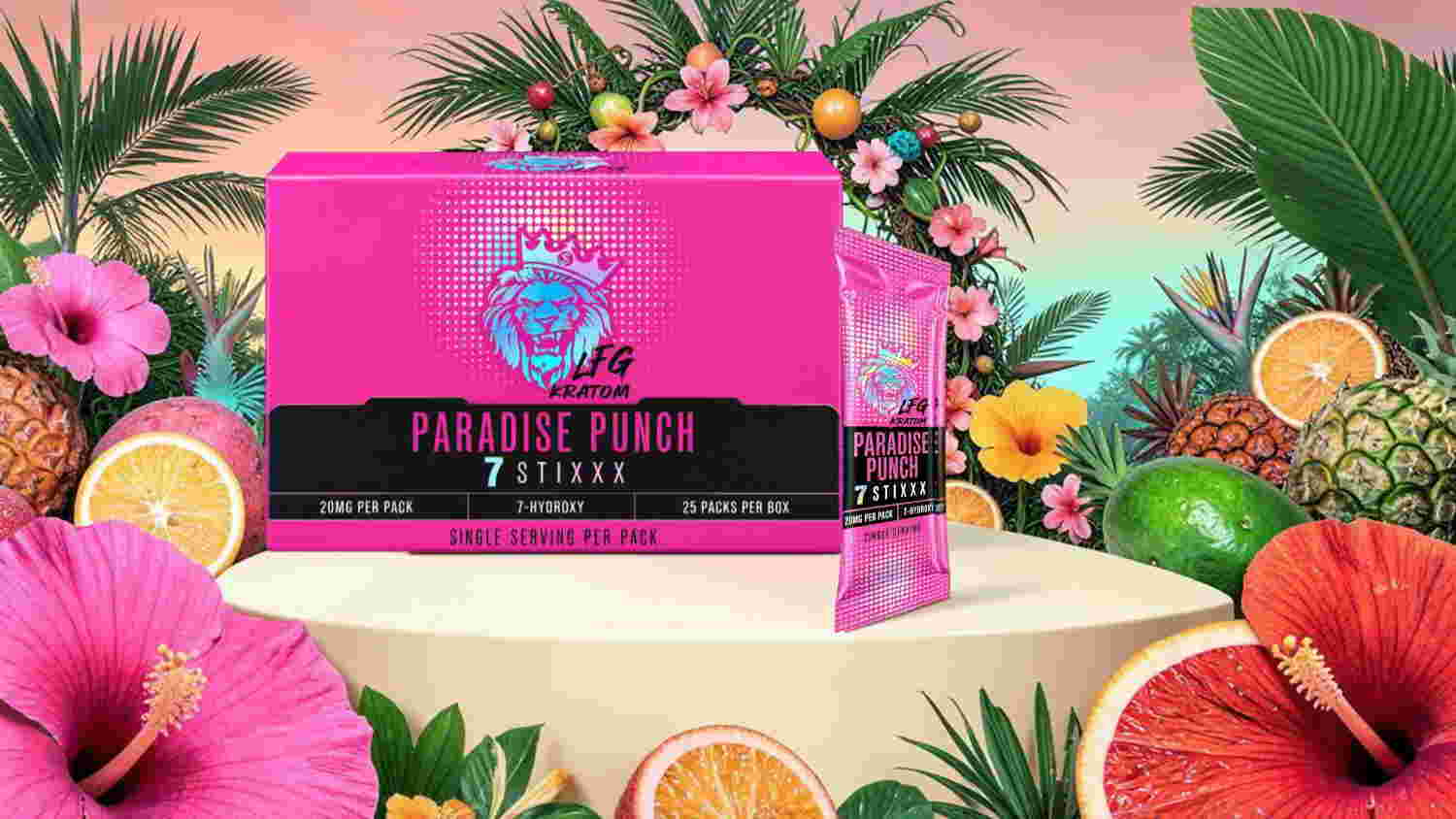 Colorful tropical-themed packaging for a product with fruit illustrations.