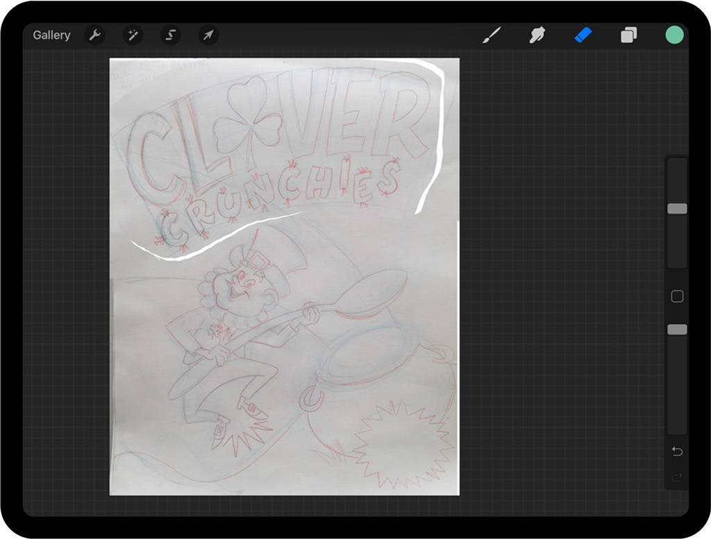 Leprechaun sketch imported into Procreate on an iPad