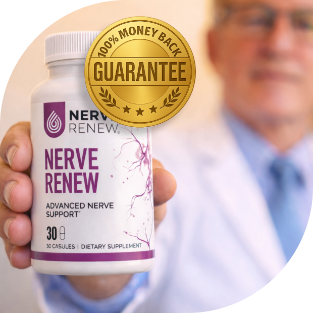 Person holding a bottle of Nerve Renew dietary supplement with a guarantee seal.