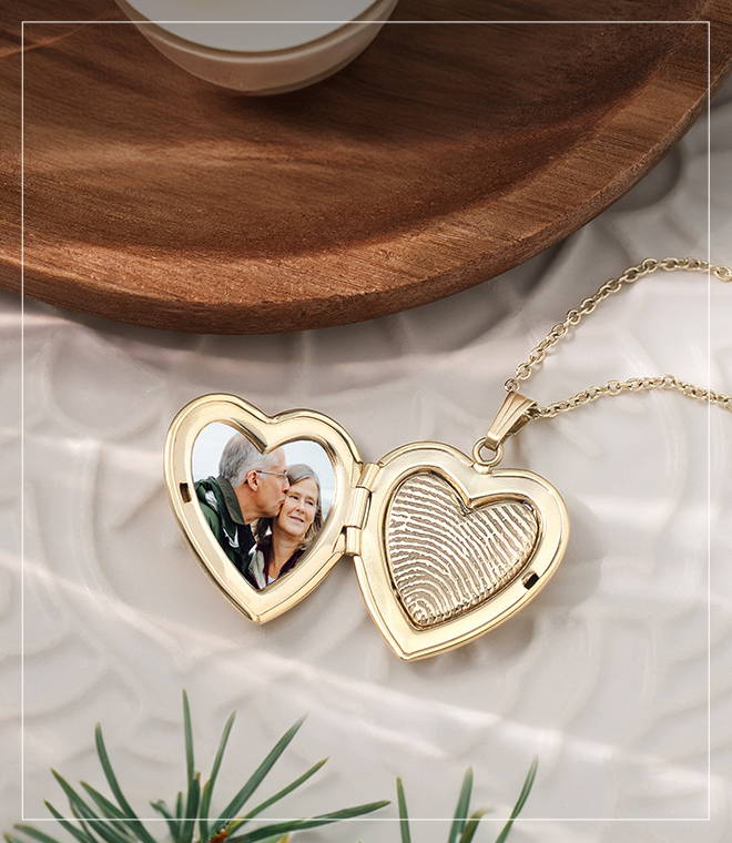  Yellow Gold Heart Locket with Photo and Engraved Fingerprint 