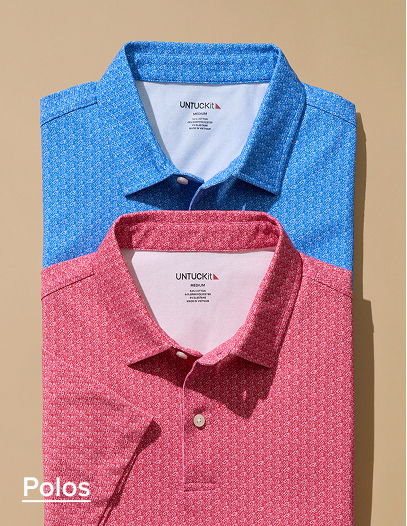 Two polo shirts, one blue and one pink, stacked on a neutral background.