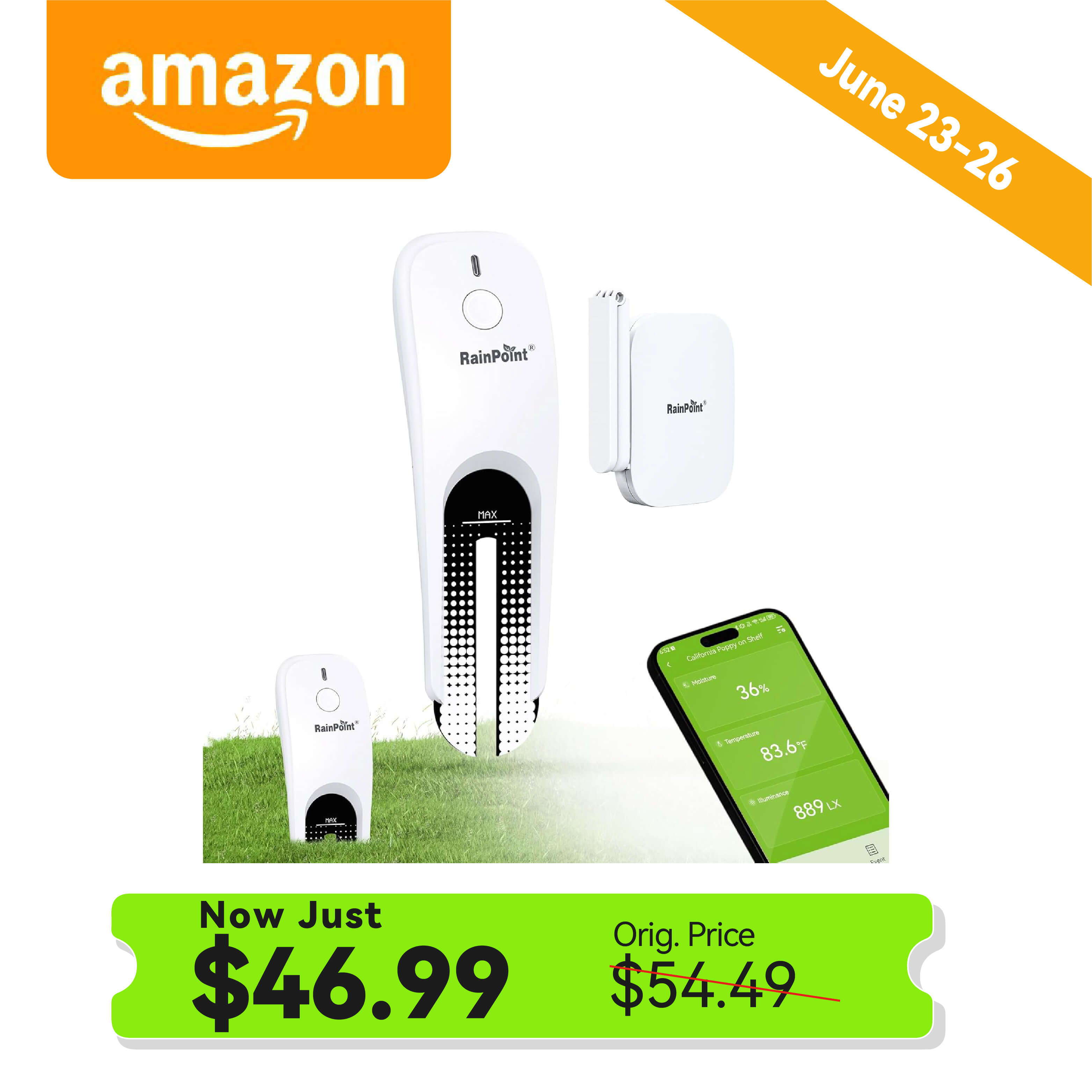 Promotional image featuring a device, price, and Amazon branding.